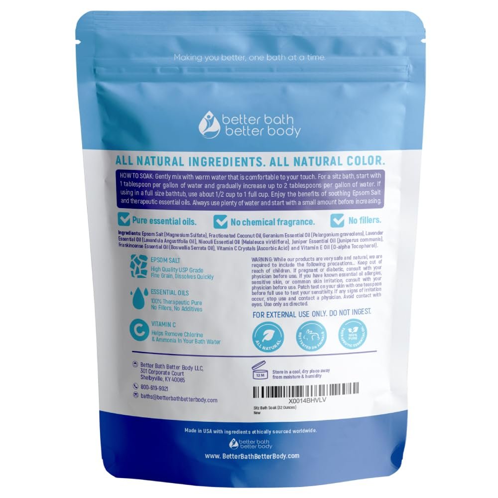 Sitz Bath Soak 2-Lbs Epsom Salt with Essential Oils - Hemorrhoid Soothing Bath Salts in BPA Free Pouch (32 oz) Avelisse