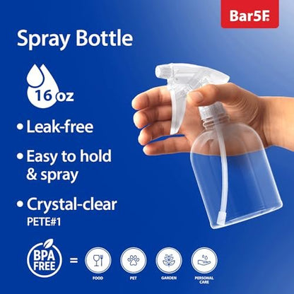 Bar5F 16 oz Plastic Spray Bottle – Leak Proof, Adjustable Mist to Stream, Heavy Duty for Hair Salons, Cleaning, Cooking & Spas