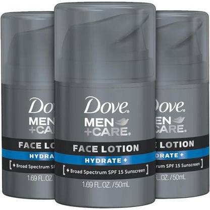 Dove Men+ Care Hydrating Face Lotion Sunscreen SPF 15+ 3-Pack – Advanced Protection for Dry Skin, 1.69 Oz Each Avelisse