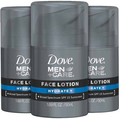 Dove Men+ Care Hydrating Face Lotion Sunscreen SPF 15+ 3-Pack – Advanced Protection for Dry Skin, 1.69 Oz Each Avelisse