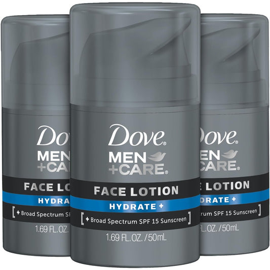 Dove Men+ Care Hydrating Face Lotion Sunscreen SPF 15+ 3-Pack – Advanced Protection for Dry Skin, 1.69 Oz Each Avelisse
