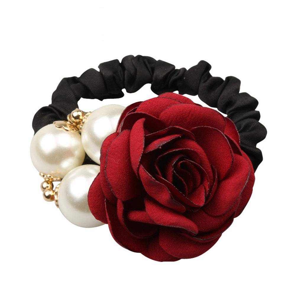 LOVEF 4Pcs Korean Fashion Pearl Hair Rope Rose Flower Rhinestone Hair Ties - Jewelry Rubber Band Ponytail Holders - görsel 5