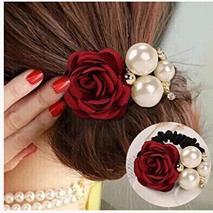 LOVEF 4Pcs Korean Fashion Pearl Hair Rope Rose Flower Rhinestone Hair Ties - Jewelry Rubber Band Ponytail Holders