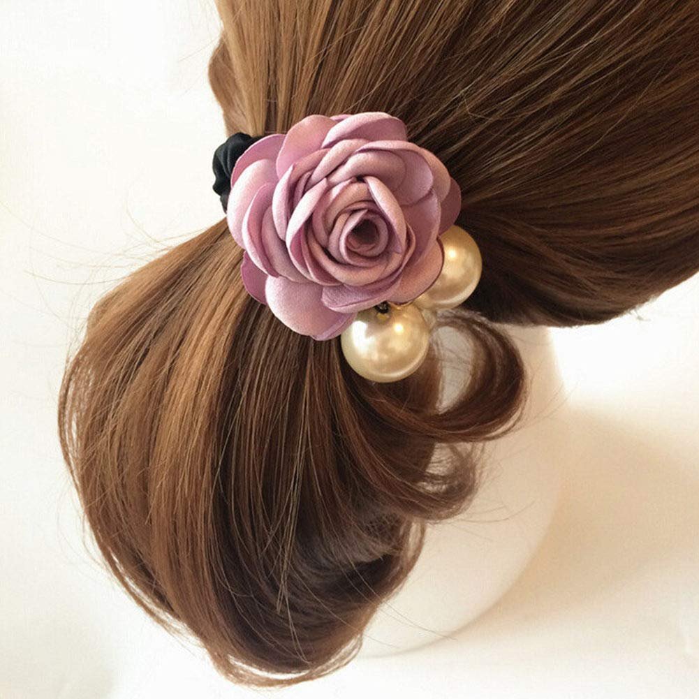 LOVEF 4Pcs Korean Fashion Pearl Hair Rope Rose Flower Rhinestone Hair Ties - Jewelry Rubber Band Ponytail Holders - görsel 13