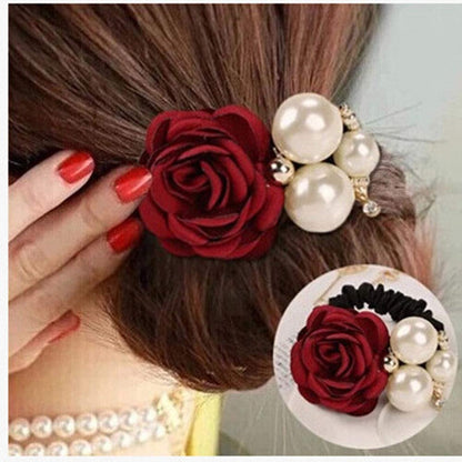 LOVEF 4Pcs Korean Fashion Pearl Hair Rope Rose Flower Rhinestone Hair Ties - Jewelry Rubber Band Ponytail Holders