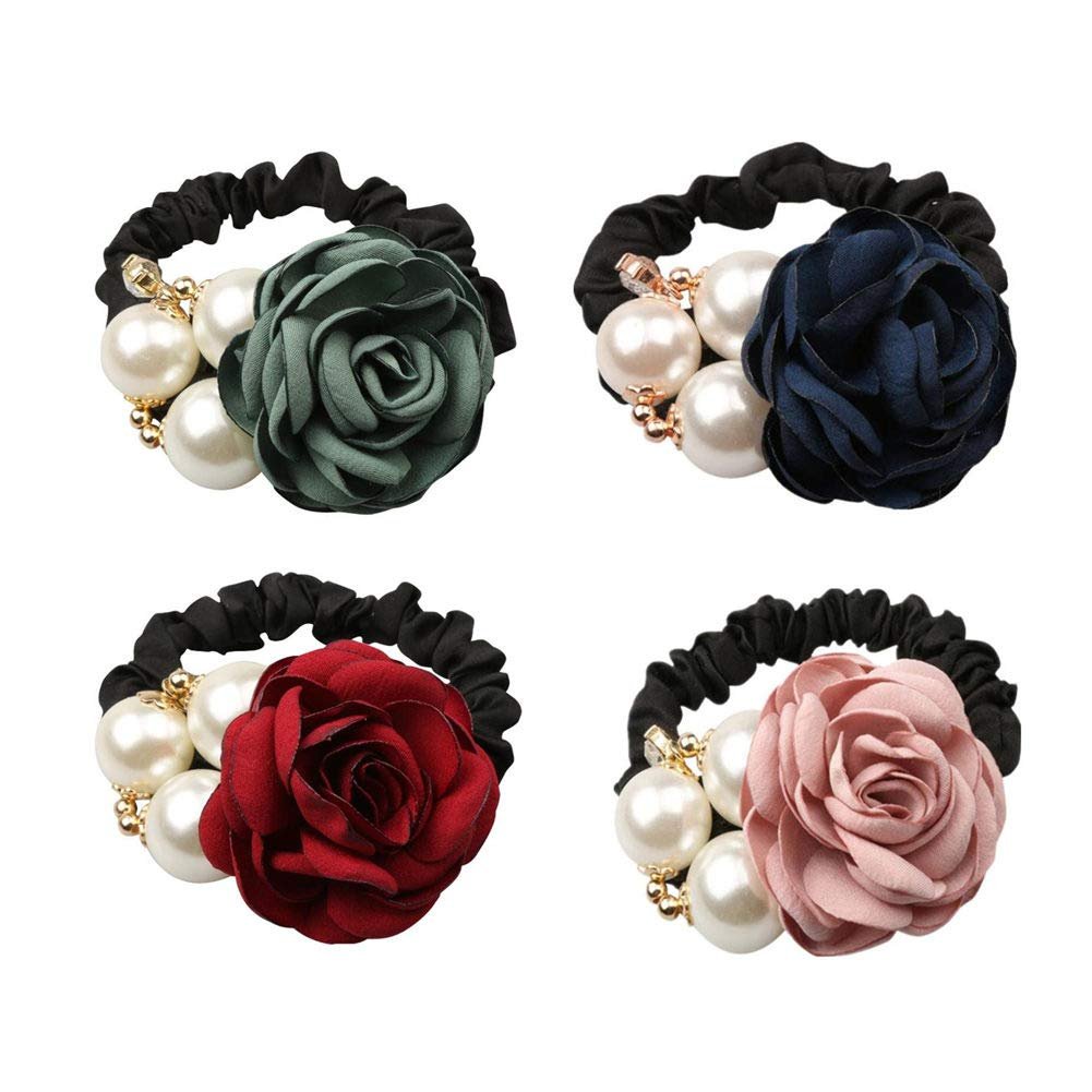 LOVEF 4Pcs Korean Fashion Pearl Hair Rope Rose Flower Rhinestone Hair Ties - Jewelry Rubber Band Ponytail Holders - görsel 1