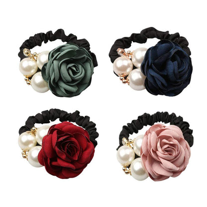 LOVEF 4Pcs Korean Fashion Pearl Hair Rope Rose Flower Rhinestone Hair Ties - Jewelry Rubber Band Ponytail Holders