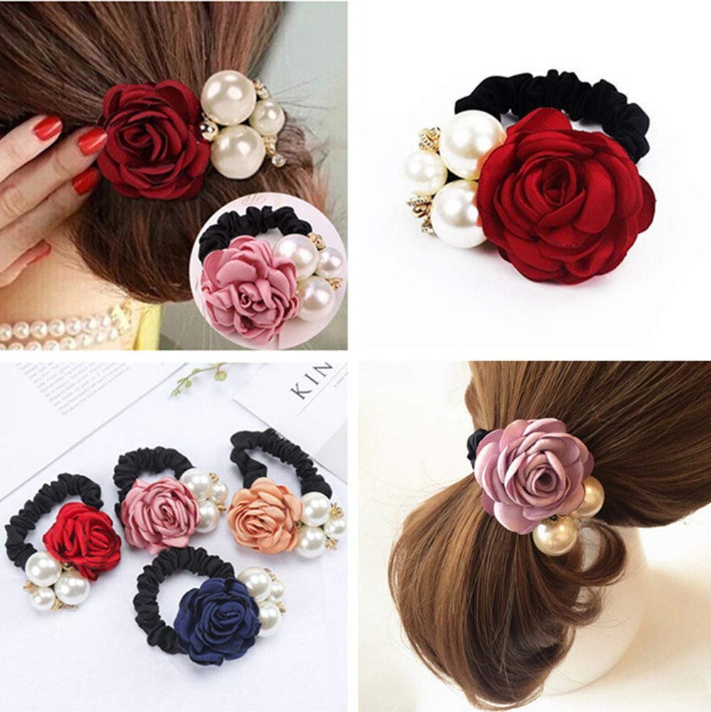 LOVEF 4Pcs Korean Fashion Pearl Hair Rope Rose Flower Rhinestone Hair Ties - Jewelry Rubber Band Ponytail Holders - görsel 9
