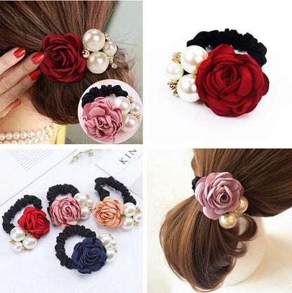 LOVEF 4Pcs Korean Fashion Pearl Hair Rope Rose Flower Rhinestone Hair Ties - Jewelry Rubber Band Ponytail Holders
