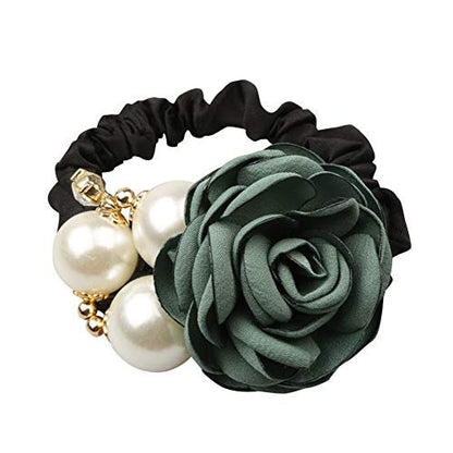 LOVEF 4Pcs Korean Fashion Pearl Hair Rope Rose Flower Rhinestone Hair Ties - Jewelry Rubber Band Ponytail Holders