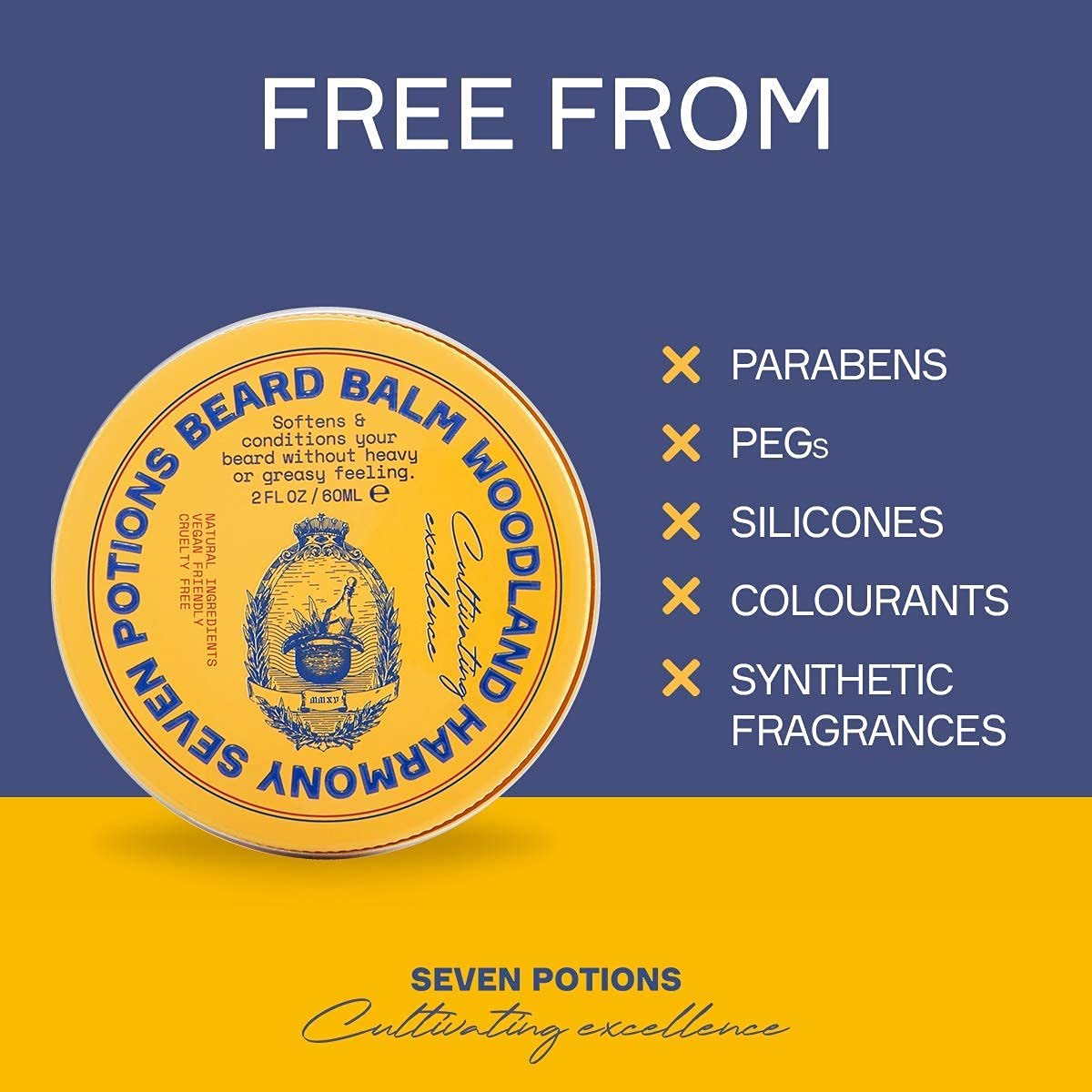 SEVEN POTIONS Beard Balm 2 oz - 100% Natural Softener with Jojoba Oil, Nourishes & Stops Itch, Woodland Harmony Avelisse
