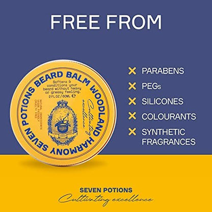 SEVEN POTIONS Beard Balm 2 oz - 100% Natural Softener with Jojoba Oil, Nourishes & Stops Itch, Woodland Harmony Avelisse