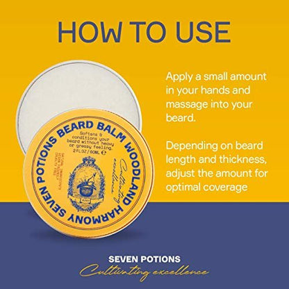 SEVEN POTIONS Beard Balm 2 oz - 100% Natural Softener with Jojoba Oil, Nourishes & Stops Itch, Woodland Harmony Avelisse