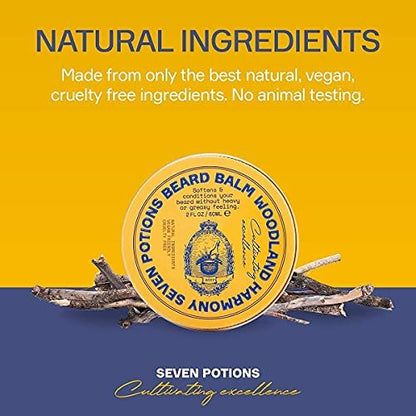SEVEN POTIONS Beard Balm 2 oz - 100% Natural Softener with Jojoba Oil, Nourishes & Stops Itch, Woodland Harmony Avelisse