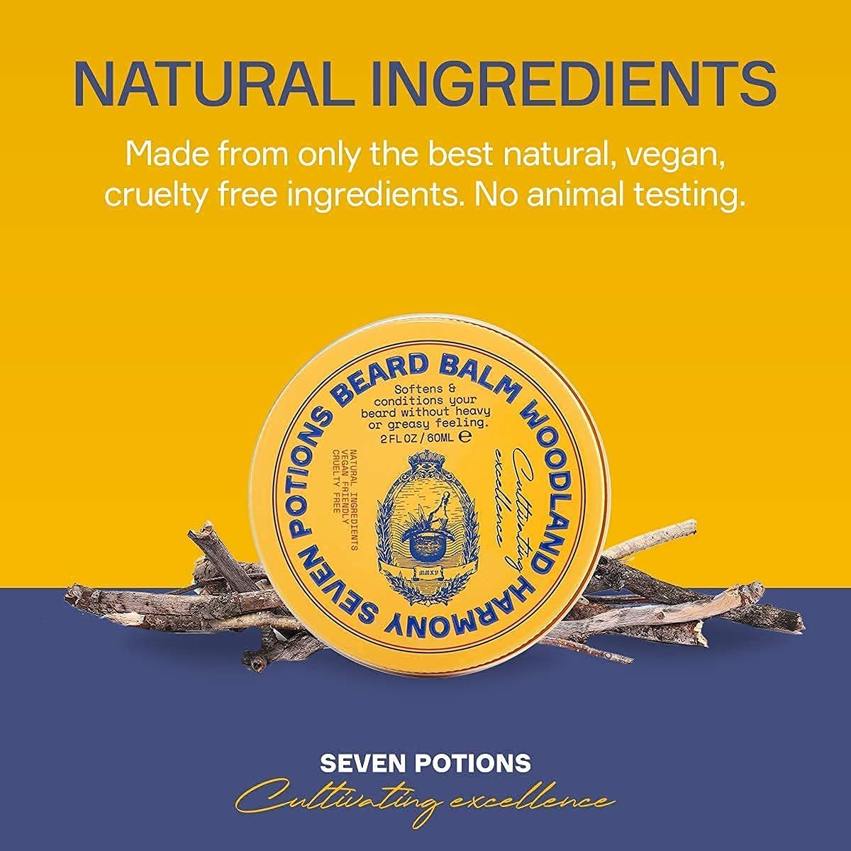 SEVEN POTIONS Beard Balm 2 oz - 100% Natural Softener with Jojoba Oil, Nourishes & Stops Itch, Woodland Harmony Avelisse