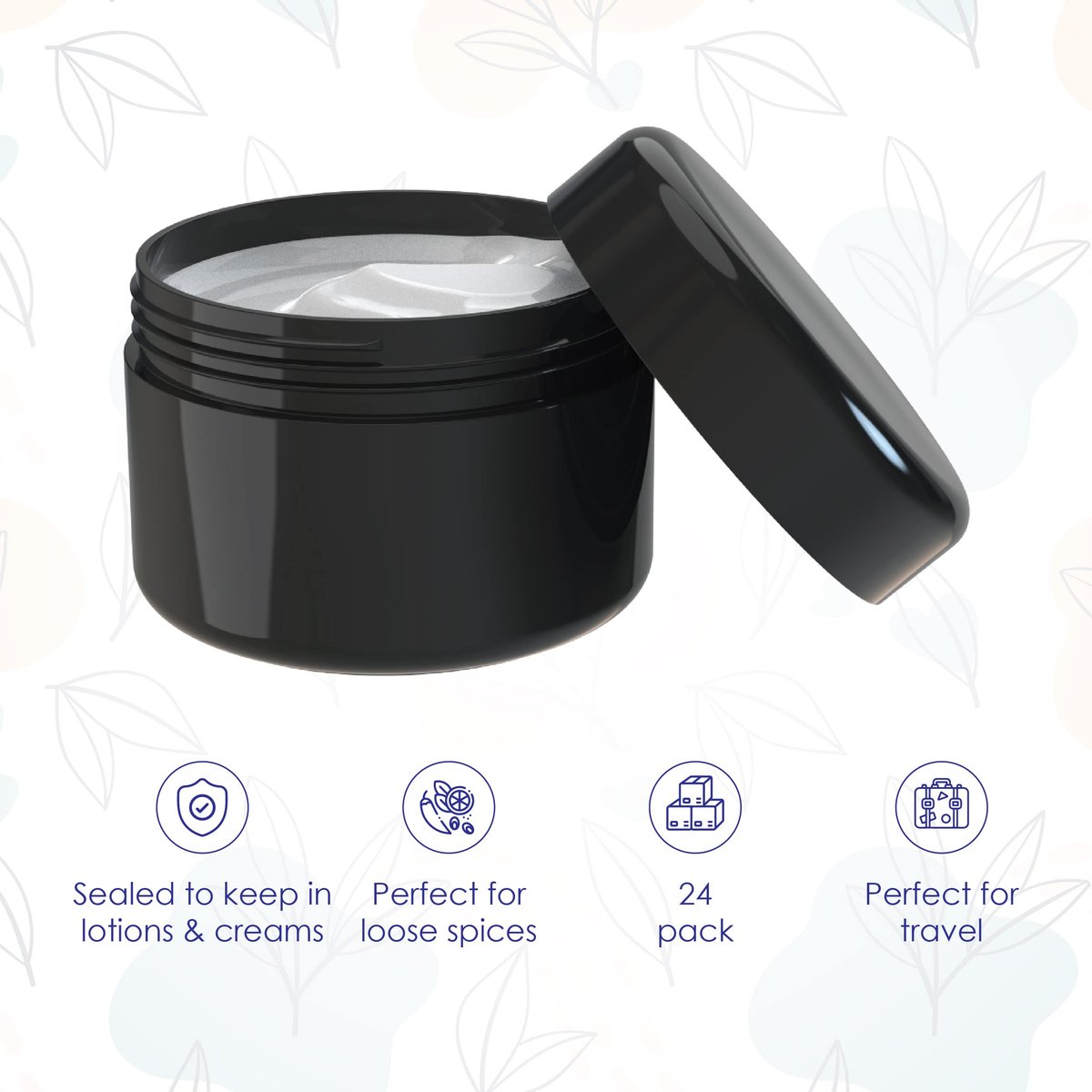 Houseables 2 Oz Black Plastic Jars with Lids – 24-Pack Empty Cosmetic Containers for Body Butter, Cream, Makeup, Travel Avelisse