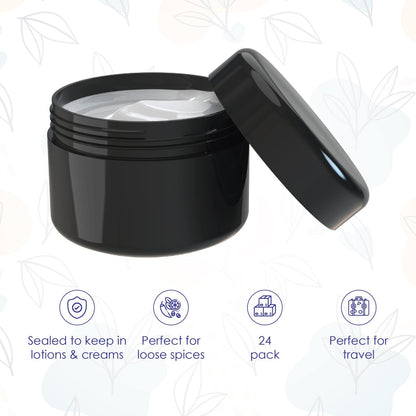 Houseables 2 Oz Black Plastic Jars with Lids – 24-Pack Empty Cosmetic Containers for Body Butter, Cream, Makeup, Travel Avelisse