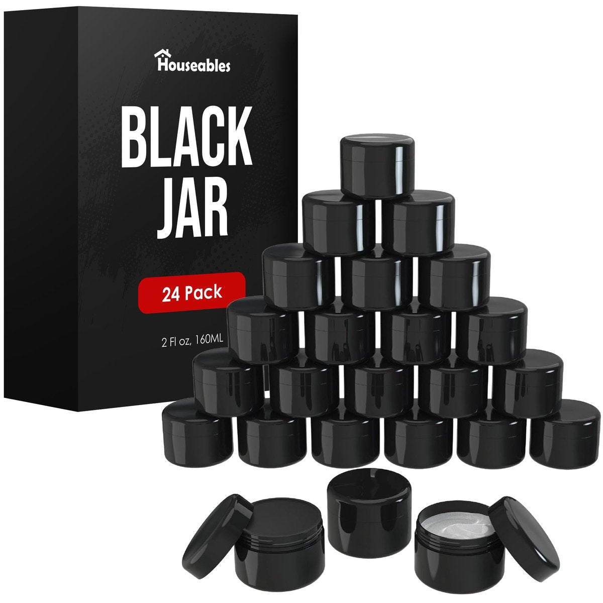 Houseables 2 Oz Black Plastic Jars with Lids – 24-Pack Empty Cosmetic Containers for Body Butter, Cream, Makeup, Travel Avelisse