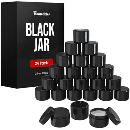 Houseables 2 Oz Black Plastic Jars with Lids – 24-Pack Empty Cosmetic Containers for Body Butter, Cream, Makeup, Travel Avelisse