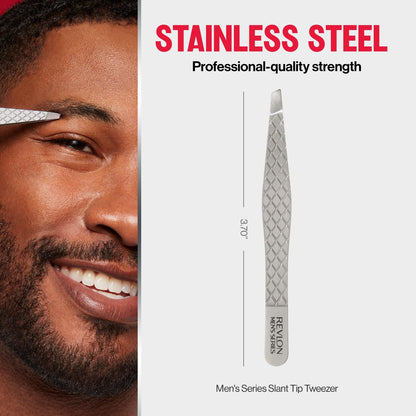 Revlon Slanted Tip Tweezers for Men - Ultra-Sharp Stainless Steel for Precision Eyebrow Shaping and Facial Hair Removal, Non-Slip Grip, Gray, 1 Count