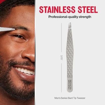 Revlon Slanted Tip Tweezers for Men - Ultra-Sharp Stainless Steel for Precision Eyebrow Shaping and Facial Hair Removal, Non-Slip Grip, Gray, 1 Count