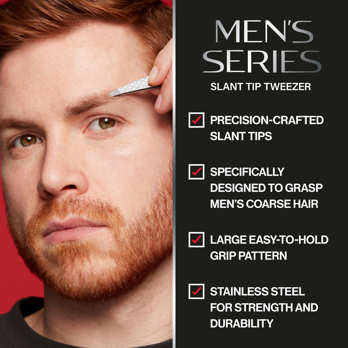 Revlon Slanted Tip Tweezers for Men - Ultra-Sharp Stainless Steel for Precision Eyebrow Shaping and Facial Hair Removal, Non-Slip Grip, Gray, 1 Count - görsel 3