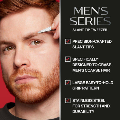 Revlon Slanted Tip Tweezers for Men - Ultra-Sharp Stainless Steel for Precision Eyebrow Shaping and Facial Hair Removal, Non-Slip Grip, Gray, 1 Count