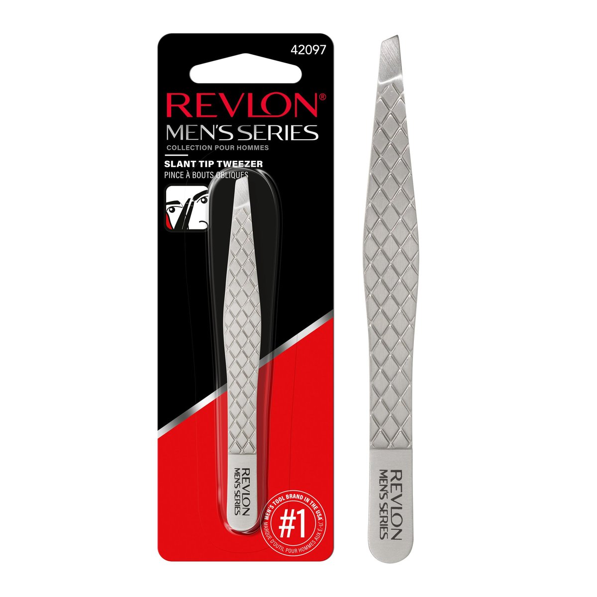 Revlon Slanted Tip Tweezers for Men - Ultra-Sharp Stainless Steel for Precision Eyebrow Shaping and Facial Hair Removal, Non-Slip Grip, Gray, 1 Count - görsel 1