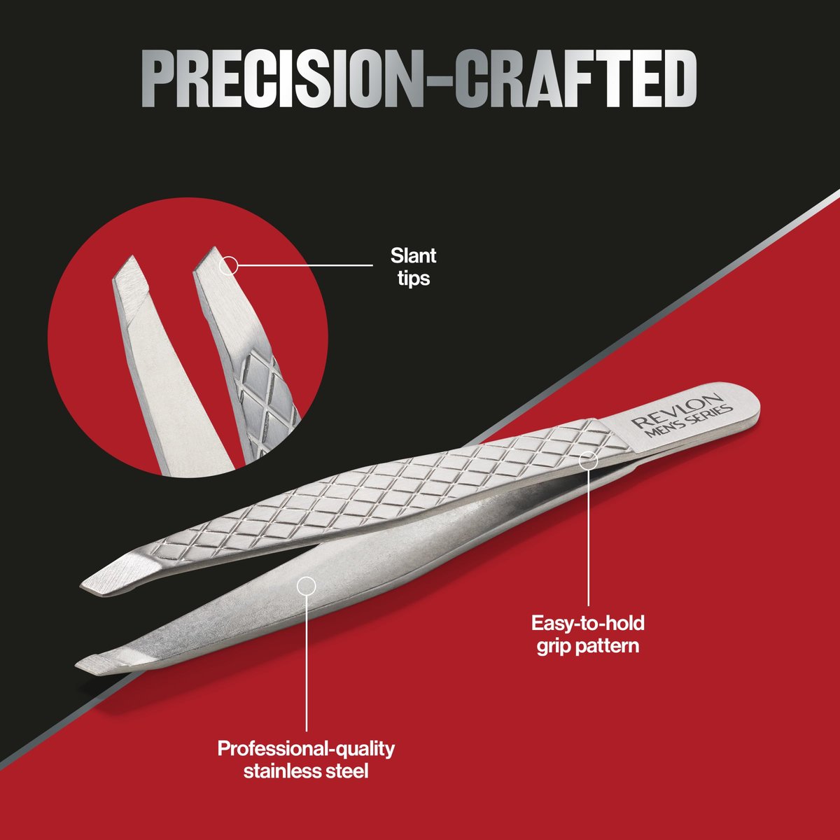 Revlon Slanted Tip Tweezers for Men - Ultra-Sharp Stainless Steel for Precision Eyebrow Shaping and Facial Hair Removal, Non-Slip Grip, Gray, 1 Count - görsel 5