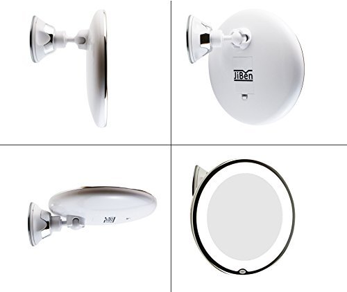 JiBen LED Lighted 10X Magnifying Makeup Mirror with Power Locking Suction Cup, Bright Diffused Light and 360 Degree Rotating Adjustable Arm, Portable Cordless Home and Travel Bathroom Vanity Mirror Avelisse