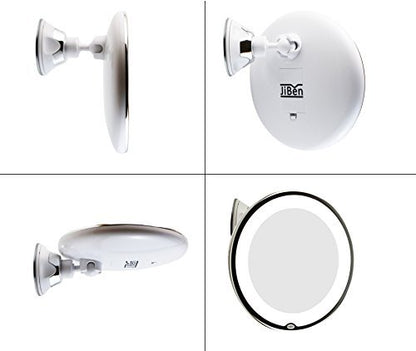 JiBen LED Lighted 10X Magnifying Makeup Mirror with Power Locking Suction Cup, Bright Diffused Light and 360 Degree Rotating Adjustable Arm, Portable Cordless Home and Travel Bathroom Vanity Mirror Avelisse