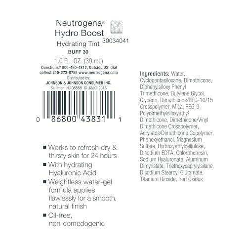 Neutrogena Hydro Boost Hydrating Tint Foundation for Dry Skin, with Hyaluronic Acid, Lightweight Oil-Free Water Gel, Non-Comedogenic, 30 Buff, 1.0 fl. oz - görsel 15