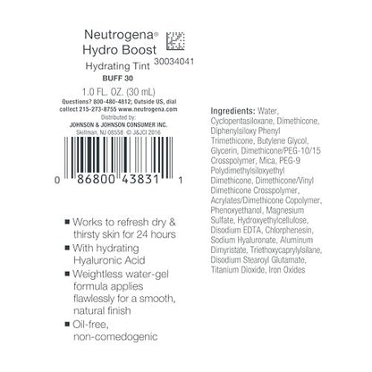 Neutrogena Hydro Boost Hydrating Tint Foundation for Dry Skin, with Hyaluronic Acid, Lightweight Oil-Free Water Gel, Non-Comedogenic, 30 Buff, 1.0 fl. oz
