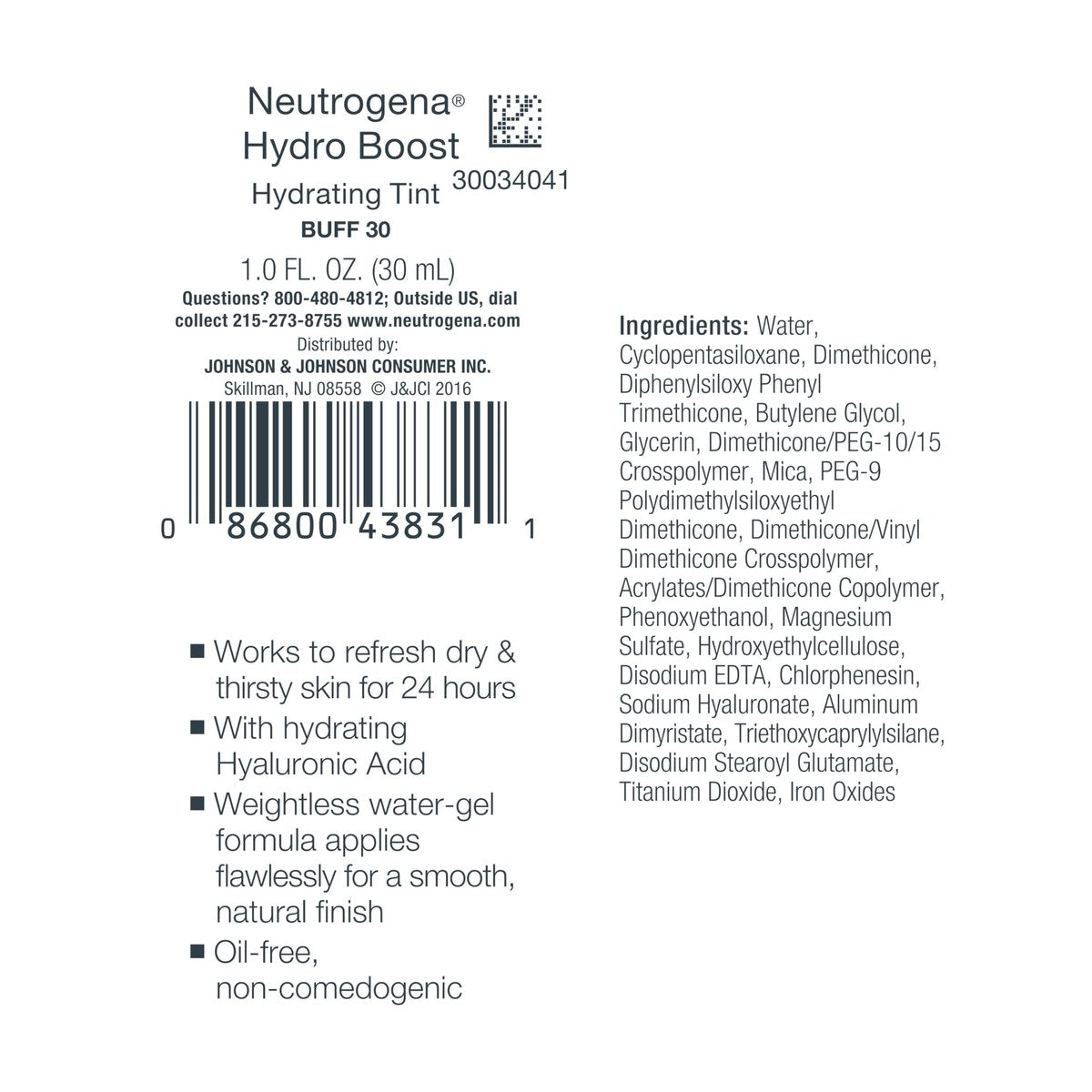 Neutrogena Hydro Boost Hydrating Tint Foundation for Dry Skin, with Hyaluronic Acid, Lightweight Oil-Free Water Gel, Non-Comedogenic, 30 Buff, 1.0 fl. oz - görsel 16