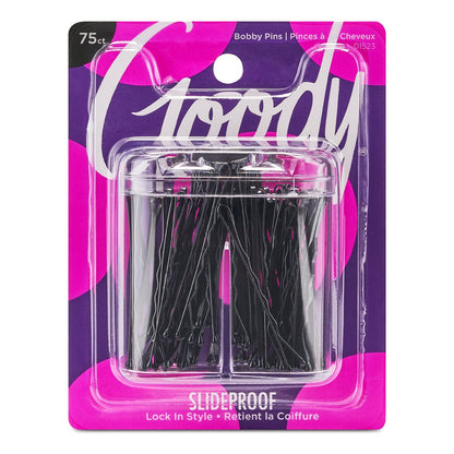 Goody SlideProof Bobby Pin Box with Magnetic Top - 75 Count, Black Bobby Pins for Hair Styling - Lock in Style, Comfortable, Pain-Free Accessories for Women & Men, All Hair Types