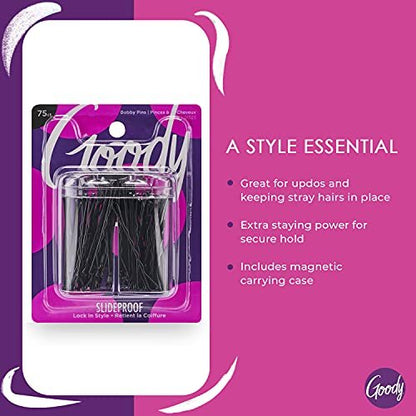 Goody SlideProof Bobby Pin Box with Magnetic Top - 75 Count, Black Bobby Pins for Hair Styling - Lock in Style, Comfortable, Pain-Free Accessories for Women & Men, All Hair Types