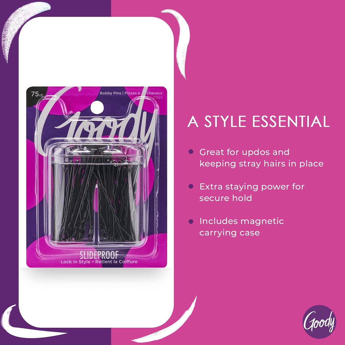 Goody SlideProof Bobby Pin Box with Magnetic Top - 75 Count, Black Bobby Pins for Hair Styling - Lock in Style, Comfortable, Pain-Free Accessories for Women & Men, All Hair Types - görsel 3