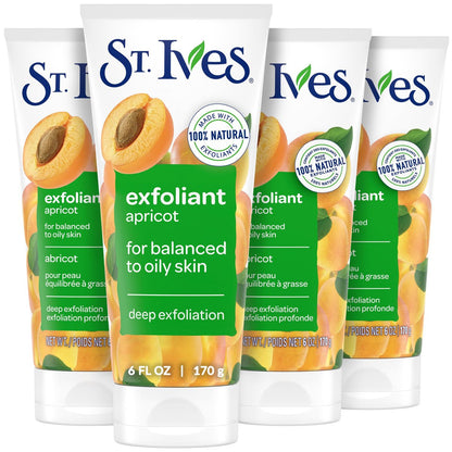 St. Ives Fresh Skin Apricot Face Scrub, Deep Exfoliator for Clean, Glowing Skin, Oil-Free Facial Scrub with 100% Natural Exfoliants, 6 oz (Pack of 4)