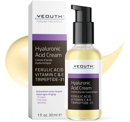 YEOUTH Hyaluronic Acid Moisturizer Face Cream with Vitamin C & E, Ferulic Acid & Tripeptide 31 – Hydrating Face Moisturizer for Dry & Dull Skin, 1 oz