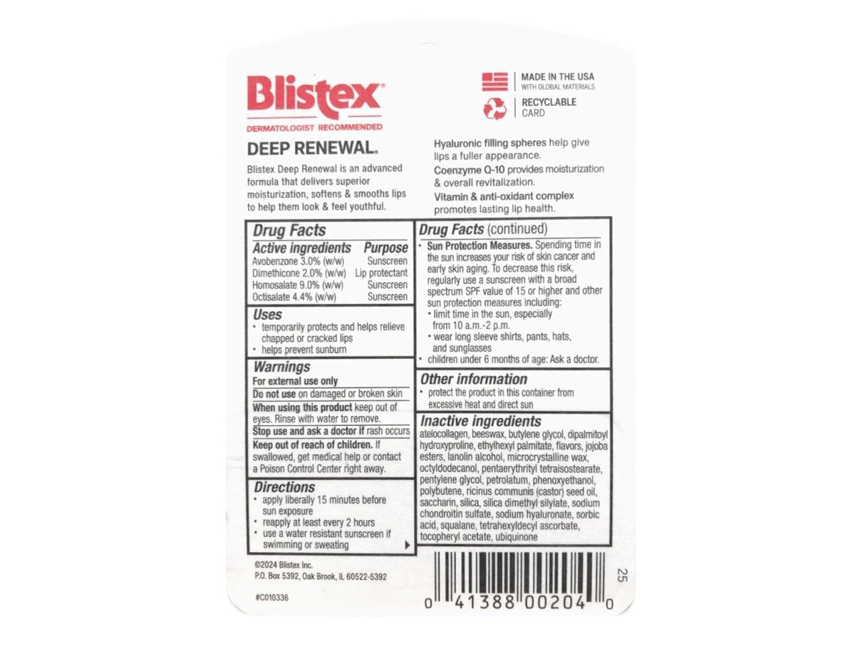 Blistex Deep Renewal Lip Protectant Sunscreen Balm, 0.13 oz (Pack of 4) - SPF 15 Moisturizing Lip Care Avelisse