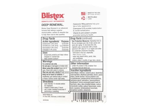 Blistex Deep Renewal Lip Protectant Sunscreen Balm, 0.13 oz (Pack of 4) - SPF 15 Moisturizing Lip Care Avelisse