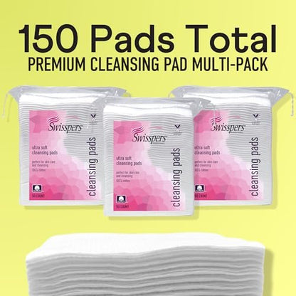 Swisspers Premium Facial Cleansing Pads, 100% Cotton, Ultra Soft, Extra Large, 50 Count (Pack of 3) - 150 Pads Total Avelisse