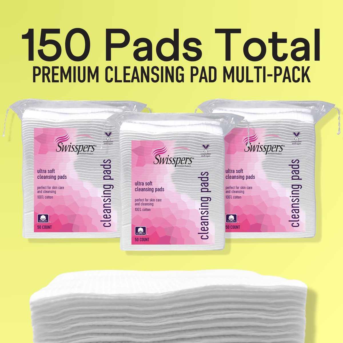 Swisspers Premium Facial Cleansing Pads, 100% Cotton, Ultra Soft, Extra Large, 50 Count (Pack of 3) - 150 Pads Total Avelisse