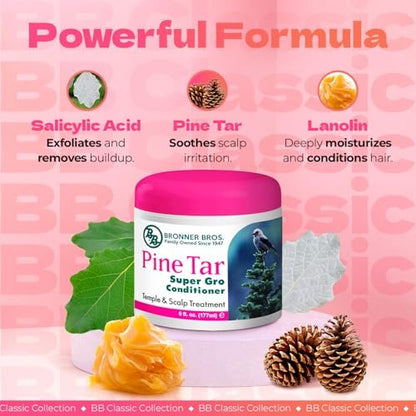 Bronner Bros BB Pine Tar Super Gro Conditioning Temple & Scalp Treatment - Soothes Dry, Itchy Scalp, Moisturizer & Deep Conditioner with Pine Tar, Salicylic Acid & Lanolin - 6 oz