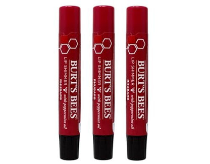 Burt's Bees Lip Shimmer Rhubarb - 0.09 oz (Pack of 3) - Moisturizing Tinted Lip Balm