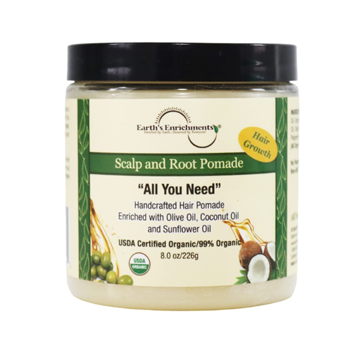 Earth's Enrichments Organic Pomade - Hair Food for Growth with Tea Tree, Rosemary & Lavender Oil - Natural Hair Grease for Thick, Straight, Curly, Wavy, Thin Hair - Women, Men, Kids - USDA Organic - 8 oz Avelisse