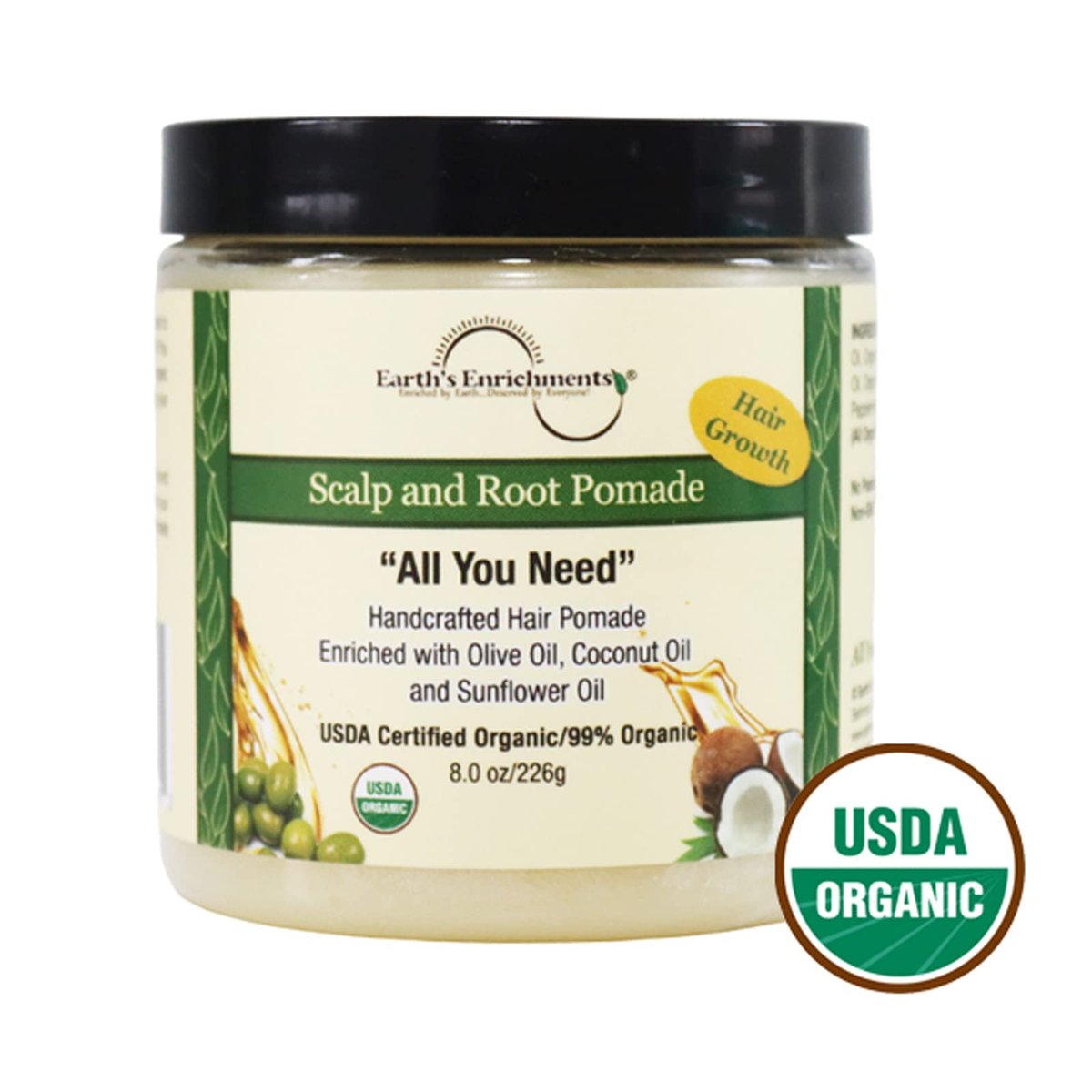 Earth's Enrichments Organic Pomade - Hair Food for Growth with Tea Tree, Rosemary & Lavender Oil - Natural Hair Grease for Thick, Straight, Curly, Wavy, Thin Hair - Women, Men, Kids - USDA Organic - 8 oz Avelisse