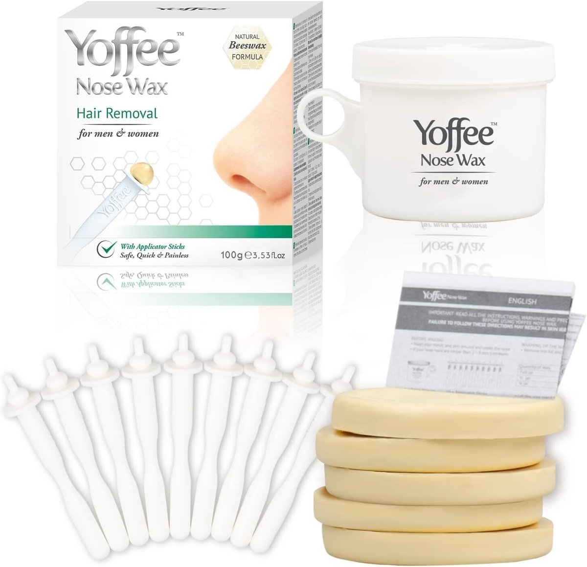 Yoffee Nose Wax Kit for Men & Women – Natural Bio-Beeswax & Aloe Vera Nose Hair Waxing Kit with 10 Reusable Sticks – Easy, Quick & Painless Nostril Waxing Avelisse
