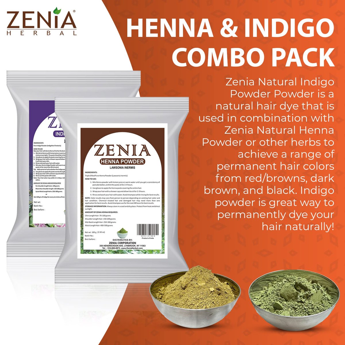 Zenia Indigo Powder & Henna Hair Color Combo Pack – 100g Each for Natural Hair Dye Avelisse