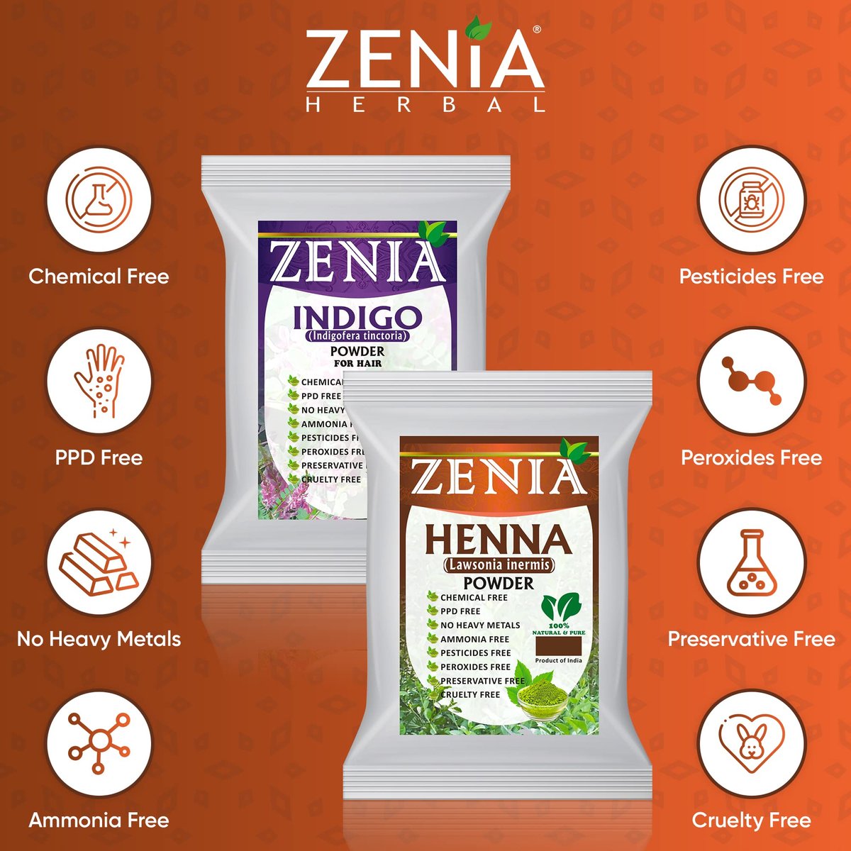 Zenia Indigo Powder & Henna Hair Color Combo Pack – 100g Each for Natural Hair Dye Avelisse